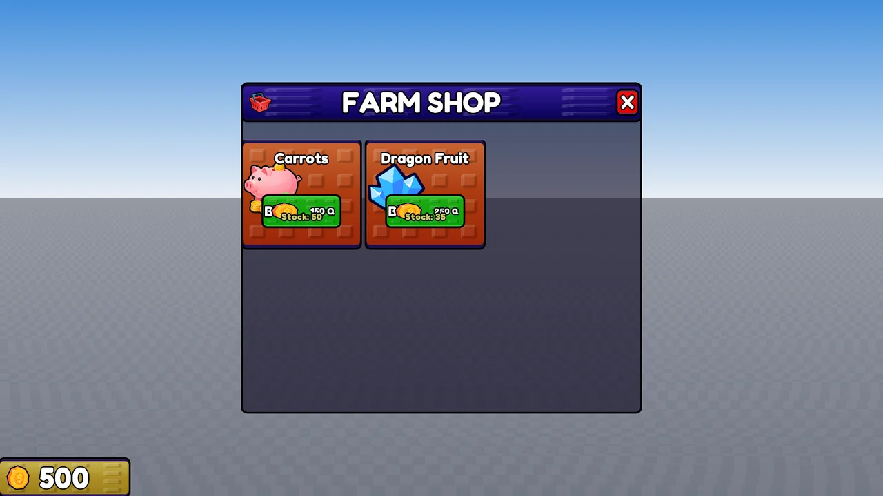 late checkpoint: a themed farm shop where price and stock labels overlap the buy buttons and the icons are wrong