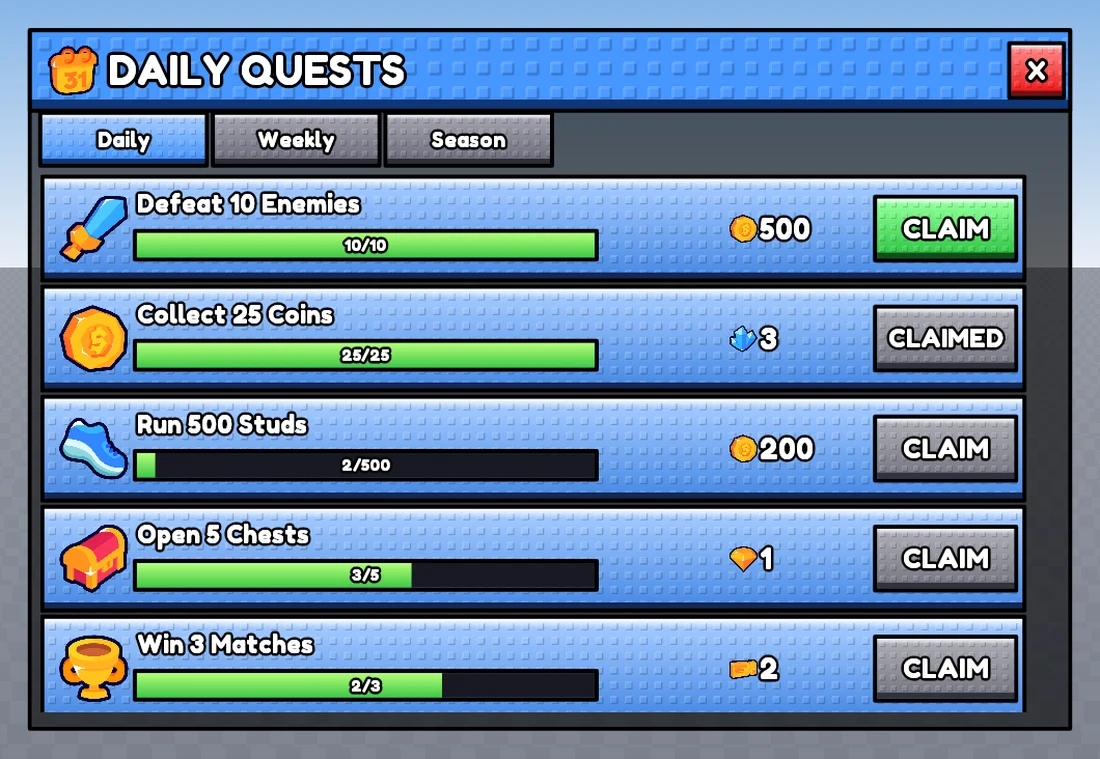 a daily quests board where each quest carries a matching icon