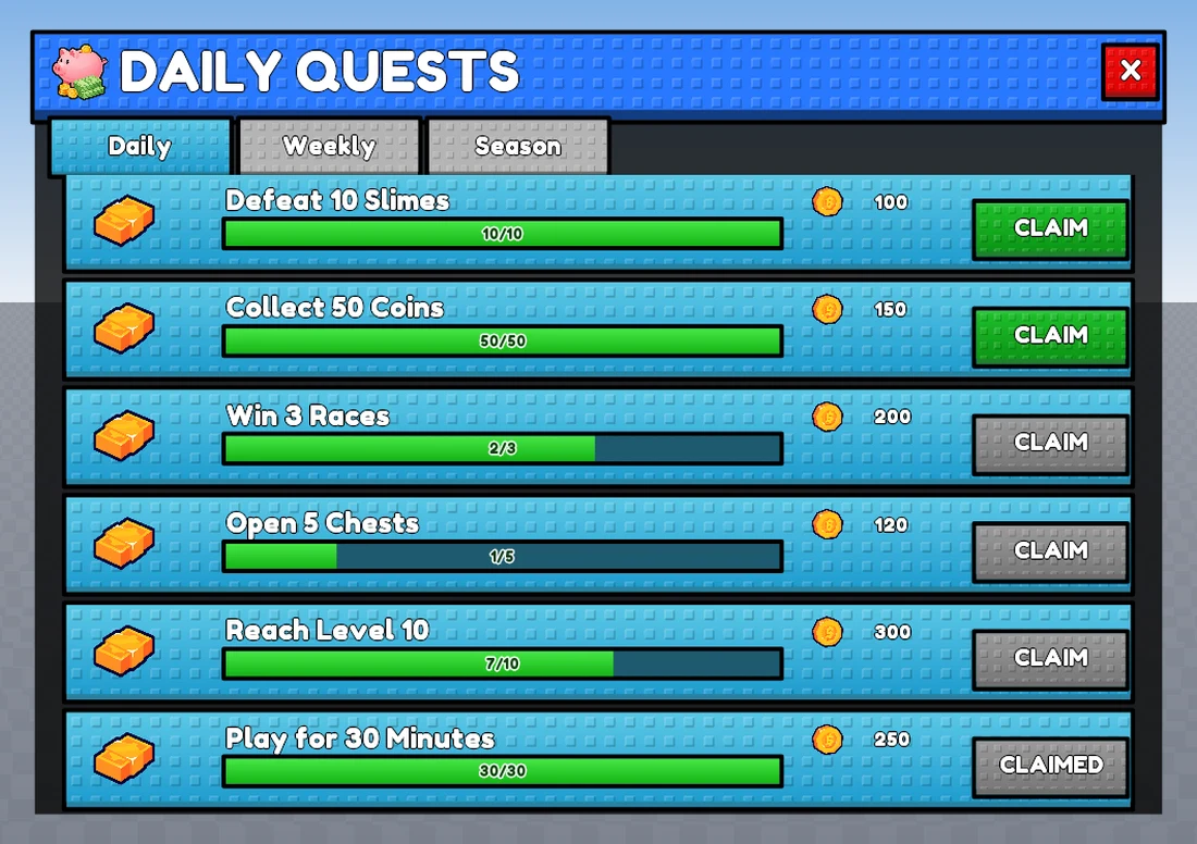 a daily quests board where every row carries the same gold nugget